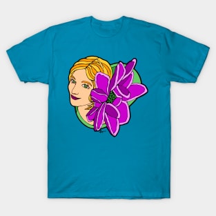 Blonde Woman with Large Pink Flower T-Shirt